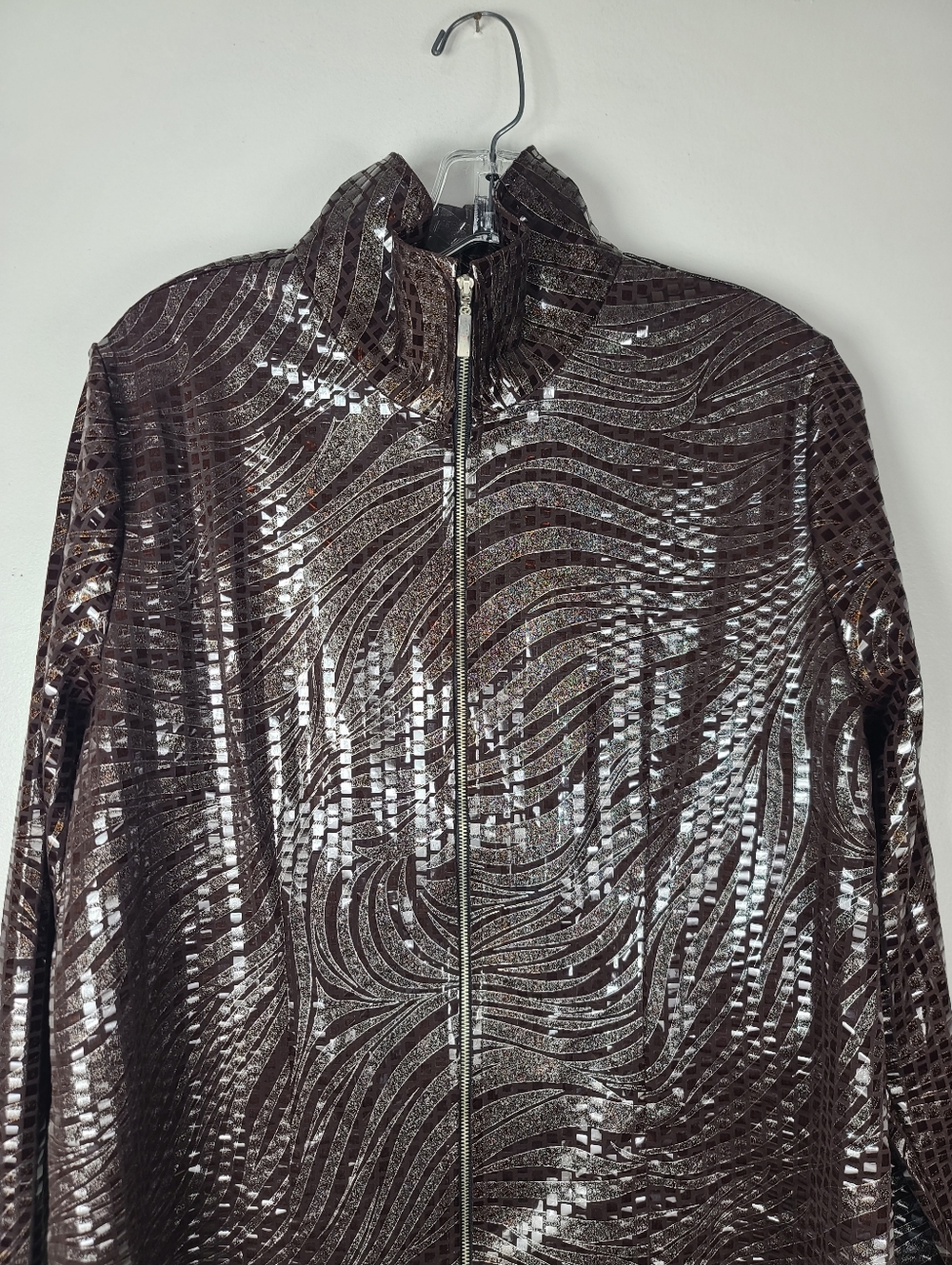 Misook Brown Patterned Shattered Glass Faux Sequin Full-Zip Lightweight Jacket L - Picture 4 of 13